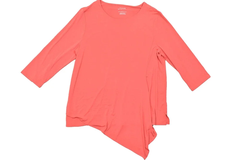 Chico's The Ultimate Tee Size 2 Coral Pink Asymmetrical Hem 3/4 Sleeve Top Polye